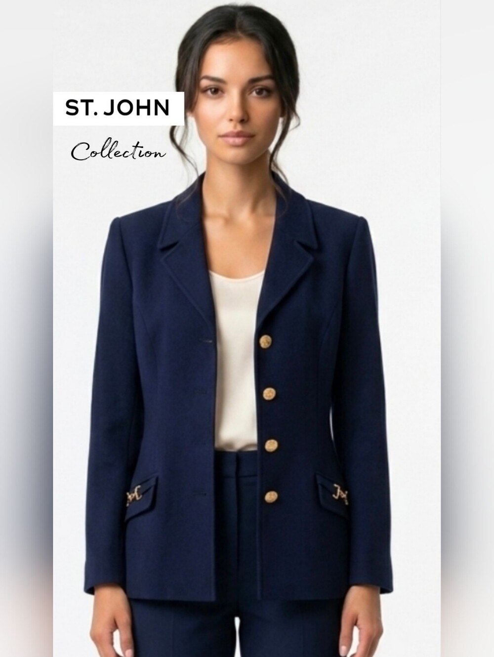 ST JOHN COLLECTION  LUXURY JACKET NAVY BLUE W GOLD HARDWARE $1795 👀Heavy knit